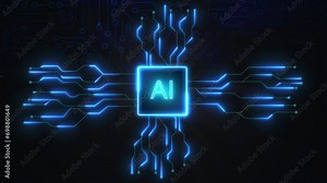 Futuristic cyber innovation, process automation and artificial brains. Data transfer in futuristic chip board, AI based virtual computer on black background. Looped, seamless, repetitive animation, 4k