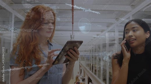 Tablet user tapping screen and phone user speaking, creating audio waveforms across archive shelves