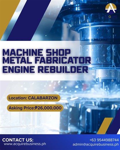 🚀 Established Machine Shop for Sale – Laguna For 23 years, this thriving metal fabrication and engine rebuilding business has served industrial clients across Laguna’s processing zones. Strategically located along a major highway, the 550 sqm company-owned lot includes a 2-story concrete facility, machinery, and 4 service vehicles. With 25 skilled employees and a loyal B2B customer base, it’s a turnkey opportunity for expansion or entry into the manufacturing sector. Full ownership offered at P