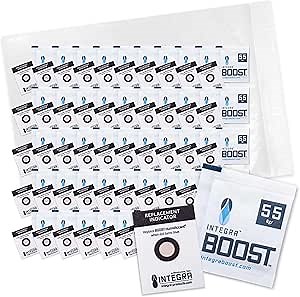 Integra Boost - 55% RH Level - 8 Gram Size - Two-Way Humidity Control Pack Incl. Replacement Indicator Cards - Food Storage & Herbs Preserver Moisture Balancer, Protects 1 OZ (Pack of 50)
