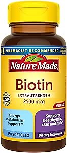 Nature Made Biotin 2500 mcg Extra Strength, Biotin Supplements Support Healthy Hair Skin & Nails, 150 Softgels, 150 Day Supply