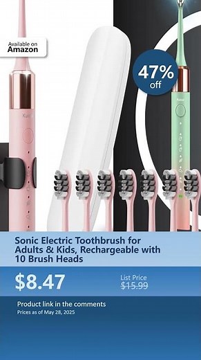 Sonic Electric Toothbrush for Adults & Kids, Rechargeable with 10 Brush Heads