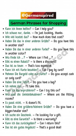 Here are 20 useful German phrases for shopping 🛍️🇩🇪: #learngerman #deutschlernen #germanlanguage #deutschkurs #german #deutsch #languagelearning #germanlearning #studygerman #germancourse #germanspired | Germanspired