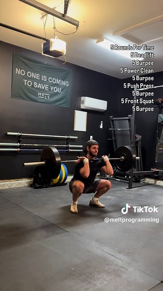 I call this one cinco. Used to hit this all the time back in my work gym a few years ago. It's a pretty damn good test of fitness in my opinion. I run this one back every few months to see where my fitness is at. Barbells and burpees. The recipe 🤌🏼 5 Rounds For Time 5 Deadlift 5 Burpee 5 Power Clean 5 Burpee 5 Push Press 5 Burpee 5 Front Squat 5 Burpee BB Weight - 135/95 lb Scaled - 95/65 lb How quick can ya go?? #barbellcycling #crossfit #metcon #meltprogramming