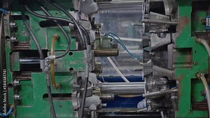 Injection molding machine for plastic products during operation. Technology for the production of plastic products from polypropylene.