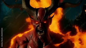 fearsome red demon with glowing eyes, large horns, and a fiery backdrop, perfect for horror themes and dark fantasy concepts