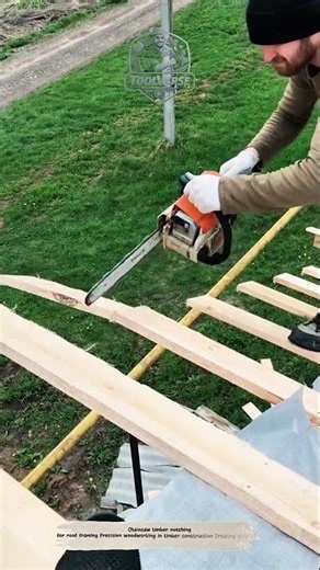 Carpenter Uses a Chainsaw to Create Precision Notches in Roof Framing Timber