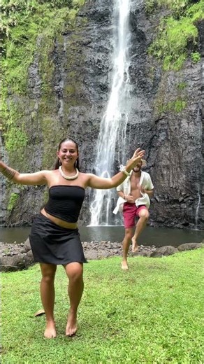 Island Vibes: Energetic Ori Tahiti Dance by the Waterfall! 🌺💃#shorts