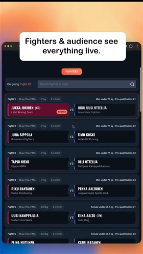 Paper lists. Excel chaos. Fighters asking "when am I up?" Fight-hub.net keeps your entire event live and under control - for organizers, audience and the fighters. ✅ Live schedule ✅ Live results ✅ No paper Try it free for your next event. No commitment. #mmaevents #muaythai #boxingevents #fightnight #eventorganizer | Fight-hub.net