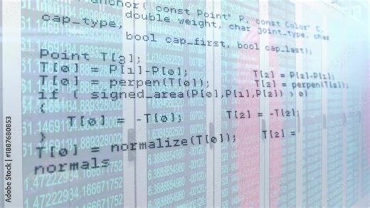 On opening transparent overlay scrolling and panning, revealing code routines across server racks