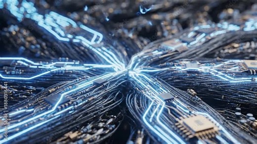 Macro CGI of Intelligent Fabric Fibers with Embedded Circuits and Glowing Energy Flow