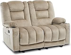 MCombo 55.9" Zero Gravity Power Loveseat Recliner with Heat and Vibration Massage, Reclining Loveseat Sofa with USB Ports, Cup Holders for Living Room, Fabric PR648SET (Beige)