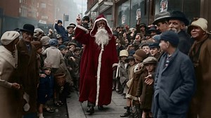 Christmas shopping in London 1900-1940 *Father Christmas arrives at Arding & Hobbs department store in Clapham Junction in 1926. *Christmas in Brixton in the early 1900's. *Crowds outside Gamages famous department store in Holborn in the 1910's. *A boy points out a present during wartime London. *Hawkers try to sell their small Christmas gifts on *Ludgate Hill in the early 1900's. *The butcher parades Christmas turkeys in the 1910's. (Individual original photographs have been colourised and then