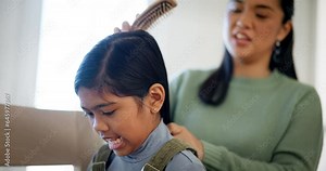 Home, girl and mother brushing hair, conversation and love and with grooming, routine and speaking. Family, relax or mama with child, kid and brush for hairstyle, care and talking with discussion