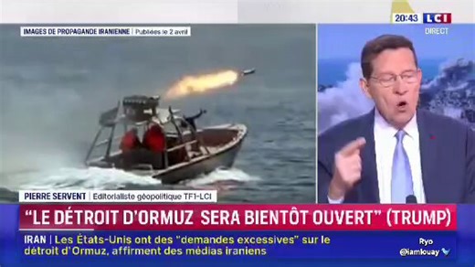 🔵⚪🔴 Sur LCI, Pierre Servent décrypte l'énorme intoxication américaine. Les destroyers américains sont passés par Ormuz et en sont ressortis aussi vite, sans dragueurs de mines. Washington vend une réouverture factice, ce qui donne crédit aux Iraniens disant leur avoir intimé l'ordre de partir. En réalité, le détroit s'ouvrira tout seul, sans aucun bâtiment militaire, une fois la paix signée !🎙️@PierreServent sur @LCI #LCI #Trump #Iran #IranWar #Ormuz