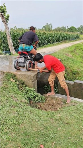 Stop small bike by the big bamboo stick.