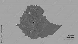 Tigray, state of Ethiopia, with its capital, localized, outlined and zoomed with informative overlays on a bilevel map in the Stereographic projection. Animation 3D Stock Video