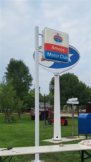 Installation of the Amoco Motor Club sign! Excited to have this one completed! See it Adler Ranch! Adlerranch.com . #kurtsgasstation #adlerranchexperience #alexandriamn #mnweddingvenue #amocomotorclub #vintagesigncollectors #best life #weddingday #mnwedding | Adler Ranch