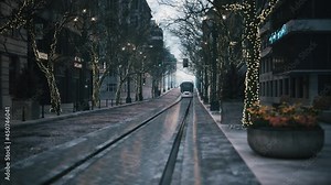Modern tram on city streets. An empty street with a tram. Tram rides down street. 3d visualization