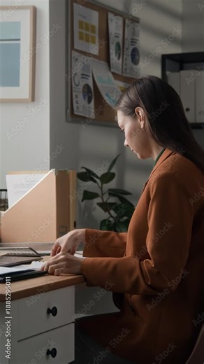Vertical close up of unrecognizable female office employee using paper clamp to secure documents at workplace desk during organized office work or task management