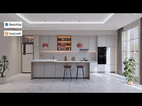 Sketchup interior design #70 Kitchen and dining room design ( enscape render )