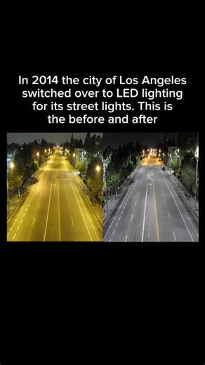 VIEWS on Instagram: "In 2014 Los Angeles decided to replace its old streetlights with modern LED lights. Before the switch, the city’s streets were lit by high-pressure sodium lamps, which gave off a warm orange glow. These lights had been common for decades, but they used a lot of power and burned out fairly quickly, which meant higher costs for the city. The new LEDs changed the look of Los Angeles at night. Instead of the orange tint, the streets took on a cooler, white light. This wasn’t jus