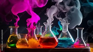 Colorful chemistry experiment with smoke in test tube and glass bottle. Concept Chemistry Experiment, Smoke, Test Tube, Glass Bottle, Colorful Reactions