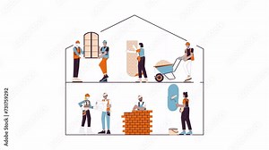 Home construction site line 2D animation. Diverse building contractors housing 4K video motion graphic. Installers, working builders hardhat linear animated cartoon flat concept, white background Stock Video