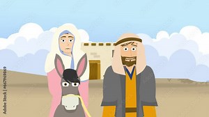 Cartoon Bible Illustration of Mary and Joseph travelling to Bethlehem