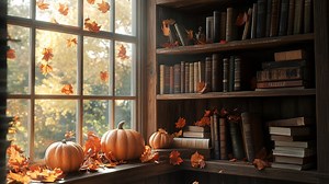 Fall Library Zoom Background, Autumn Theme Sunlit Bookshelf Virtual Backdrop, Zoom Call Backdrop, Vintage Virtual Background, Home Office - Etsy