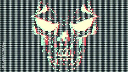 Pixelated human skull symbol animation with distortions and glitch effects