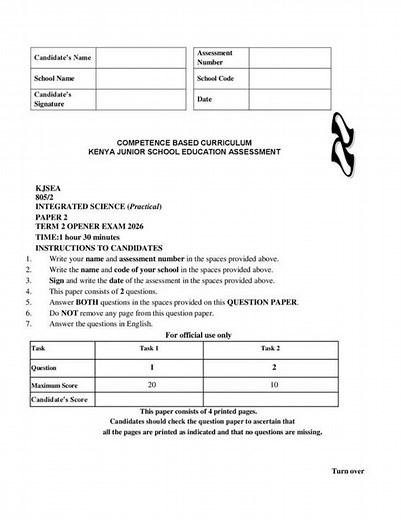 Grade 8 Integrated Science Paper 2 Opener Exam Term 2 2026