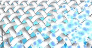 Clean white fabrics network and floating water drops at the gradient blue background. 3d animation for advertising for washing powder, stain remover, bleach, or liquid laundry detergent. Cloth washing