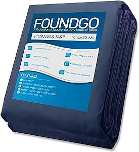 FoundGo Canvas Tarp 10'*16' Heavy Duty Water Resistant Tarps with Grommets, UV Resistant, 22 Mil Tarpaulin,14 oz Durable Cloth Covers for Car, Roof, Boat, Camp, Canopy, Woodpile with Ropes