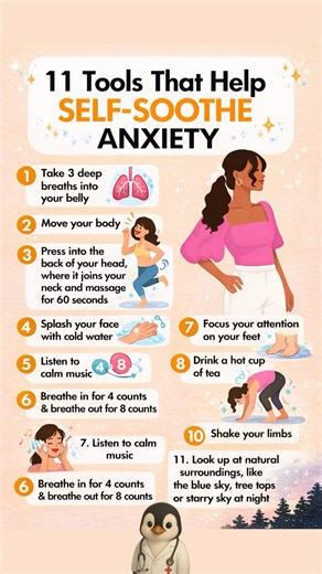 Feeling overwhelmed or anxious? Try these quick, science-backed self-soothing tools to calm your nervous system, ground your body, and regain focus. Small actions like breathing, movement, and sensory reset can make a big difference. Save this for stressful moments 🤍 | Penguin Wellness