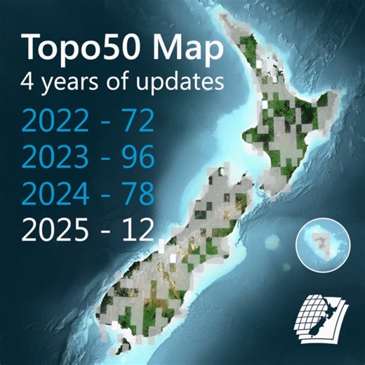 Our cartographers really know how to draw attention! In 2025 we released 45 sheet updates to our Topo50 maps🗺️ With 451 Topo50 maps spanning New Zealand and the Chatham Islands, we prioritise updates based on things like new infrastructure, public requests, and recent aerial imagery. These enhancements keep our maps fresh so you can stay safe in the great outdoors 🚵🏃‍♀️‍➡️ This year we were also stoked to release digital Topo50 maps as a seamless layer, in both gridded and gridless formats on