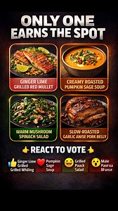 🐟 Ginger Lime Grilled Red Mullet Red mullet grilled with ginger and lime delivers crisp skin, aromatic freshness, and bold coastal seafood flavor. 🍲 Creamy Roasted Pumpkin Sage Soup Velvety pumpkin soup infused with sage delivers gentle sweetness and cozy herbal warmth. 🥗 Warm Mushroom Spinach Salad Sautéed mushrooms tossed with spinach bring earthy depth and soft, savory balance. 🍖 Slow-Roasted Garlic Anise Pork Belly Pork belly slow-roasted with garlic and star anise delivers crispy edges