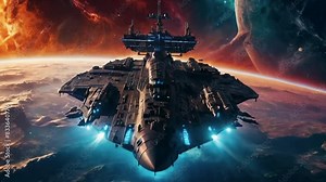 Massive sci-fi spaceship in orbit over a colorful planet, exploring the cosmos, alien spacecraft