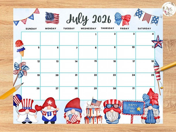 Editable July 2026 Calendar, Independence Day With Adorable Gnomes Summer July Planner, Monthly Calendar for Kids School Home Office Work - Etsy