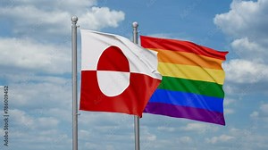 LGBT movement flag also Gay Pride and Greenland two flags waving cycle looped video, tolerance conception in country