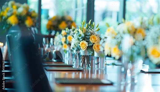 Elegant floral centerpiece on wooden conference table, yellow and white roses with baby's breath and eucalyptus leaves, professional event decoration, empty wine glass and pen on dark notebook in fo
