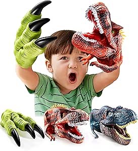 Geyiie Dinosaur Toys Hand Puppet for Kids, Dinosaurs Claws Head Soft Rubber, Dino Figures Set Animal Glove T-Rex Velociraptor Puppets Gifts for boys/Girls Age 3 4 5 6 7, 3 Pack