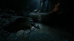 CGI Dead knight resting on stone floor within an ancient cave