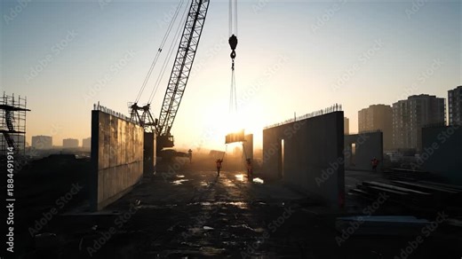 crane lifts panel above concrete at construction building. worker with helmet walks under silhouette against sunrise. lifting operation across site. heavy machinery and material stack surround area.