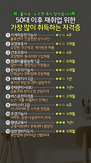 50대 이후 재취업을 위한 가장 많이 취득하는 자격증 TOP 12 #재취업 #50대취업 #자격증