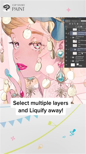 You can now use the Liquify tool on multiple selected raster layers, selection layers, and layer masks in ver.2.0. The effect will also be applied to layer masks that are linked to selected layers. | CLIP STUDIO PAINT
