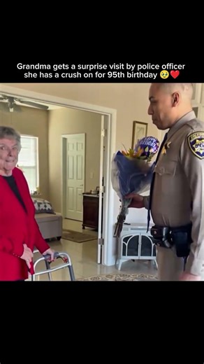 Grandma gets a surprise visit by police officer she has a crush on for 95th birthday 🥹❤️