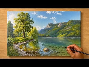 How to Paint Clear Lake Water & Mountains with Acrylics | Step-by-Step Tutorial⁠
