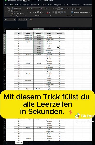 Excel-Trick: Leerzellen automatisch füllen in 30 Sekunden