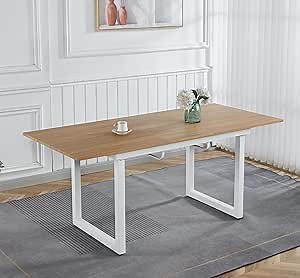 55.1"-70.8" Rectangle Extendable Dining Table for 4 6 8, Wooden Expandable Dining Room Table with White Metal Leg, Farmhouse Kitchen Dinner Expanding Table for Living Room Office Small Space Light Oak